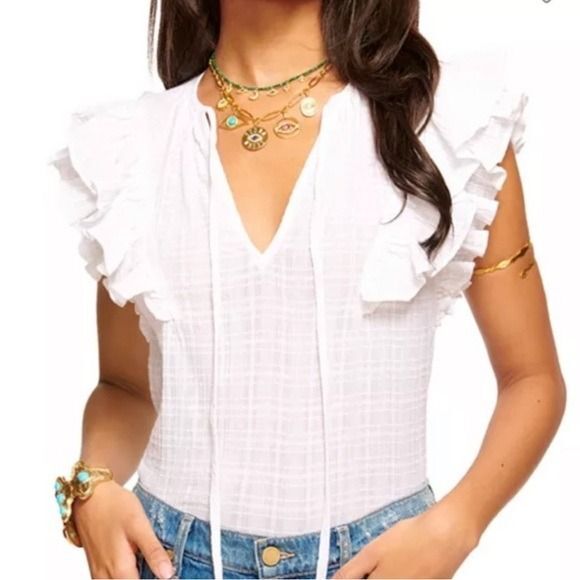 Ramy Brook London Flutter Sleeve Blouse Ivory White Cotton - Picture 11 of 11